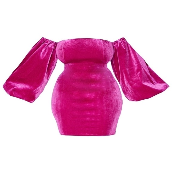 Pretty Little Thing Fuchsia Pink Velvet Puff Sleeve Bodycon Mini Dress XL 14 - Picture 4 of 7